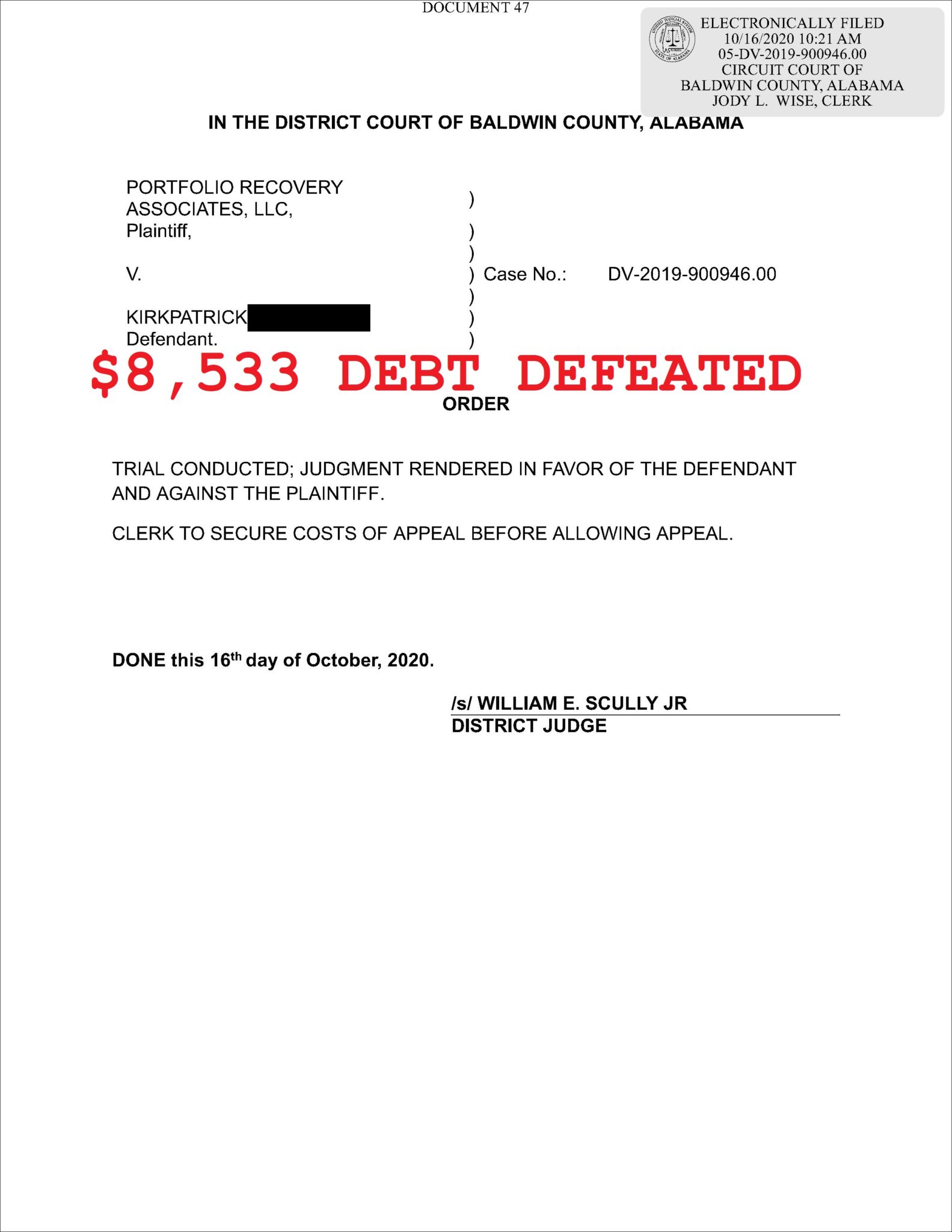 Debt Collection Lawsuit Wins in Alabama